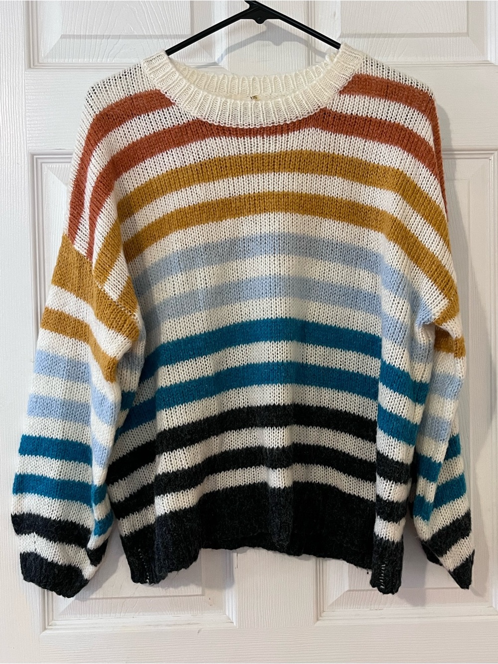 entro Striped Crewneck Sweater in White, Rust, Mustard, Teal, Light Blue & Black
